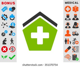 Clinic Building vector icon. Style is bicolor flat symbol, eco green and gray colors, rounded angles, white background.