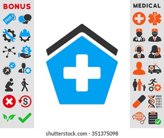 Clinic Building vector icon. Style is bicolor flat symbol, blue and gray colors, rounded angles, white background.
