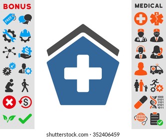 Clinic Building vector icon. Style is bicolor flat symbol, cobalt and gray colors, rounded angles, white background.