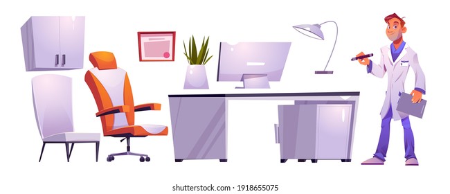 Clinic cabinet interior stuff and male doctor in white robe, isolated hospital items chair, locker for medicine, desk with computer, plant and medical certificate, Cartoon vector illustration, set