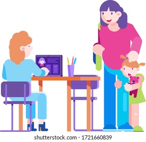 Clinic care about child character, pediatric examination vector illustration. Doctor check up information about kid patient on computer. Crying afraid girl hug cartoon mother, medical treatment.