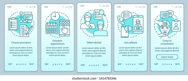 Clinic center appointment onboarding mobile app page screen vector template. Select doctor. Schedule. Walkthrough website steps with linear illustrations. UX, UI, GUI smartphone interface concept