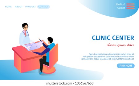 Clinic Center Horizontal Banner with Copy Space. Patient Sitting in Hospital Cabinet at Table. Man Doctor in White Robe Sit at Workplace with Laptop. Consultation 3d Flat Vector Isometric Illustration