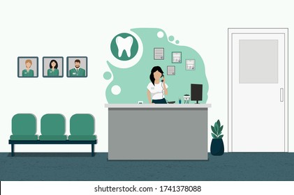 Clinic, Dentistry, Medical Service, Patient Reception, Reception Desk, Receptionist Talking On The Phone, Hospital Interior. Vector Flat Illustration.