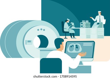doctors scientists making research in clinic labaroratory.  Developing treatment and vaccine protecting people from novel coronavirus causing covid-19 viral pneumonia pandemic outbreak Flat vector 