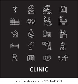 Clinic editable line icons vector set on black background. Clinic white outline illustrations, signs, symbols