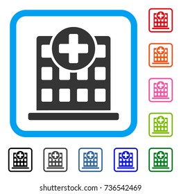 Clinic Facade icon. Flat grey iconic symbol in a light blue rounded rectangle. Black, gray, green, blue, red, orange color variants of Clinic Facade vector. Designed for web and software UI.