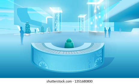 Clinic Hall Reception Desk Vector Illustration. Healthcare Innovation Design Center. People and Doctor Character in Entrance Hall. New Medicine Technology of Future. Flat Cartoon