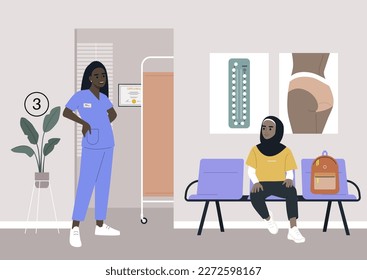 A clinic hallway, a gynecologist cabinet waiting area, a young female patient wearing a hijab