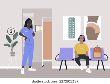 A clinic hallway, a gynecologist cabinet waiting area, a young hispanic patient wearing a cap