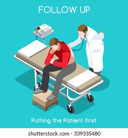 Clinic Health Check Up Visit Follow Up. Medical Doctor Patient Care Infographic. Hospital Patient Check. Healthcare Medical Clinic 3D Isometric People set Doctor Diagnosing Disease Vector illustration