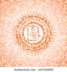 clinic history icon inside abstract emblem, orange mosaic background