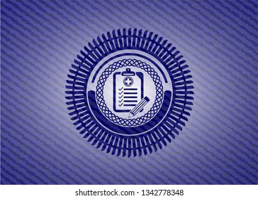 clinic history icon inside badge with jean texture