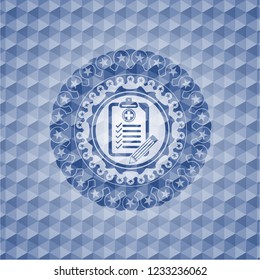 clinic history icon inside blue emblem or badge with geometric pattern background.