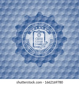 clinic history icon inside blue emblem with geometric pattern.