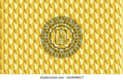 clinic history icon inside gold shiny badge. Scales pattern. Vector Illustration. Detailed.