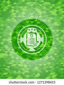 clinic history icon inside green emblem with mosaic background