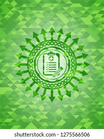 clinic history icon inside green emblem with triangle mosaic background