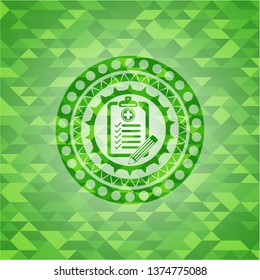 clinic history icon inside green emblem with triangle mosaic background