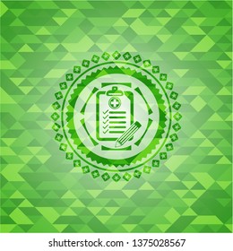 clinic history icon inside green emblem with triangle mosaic background