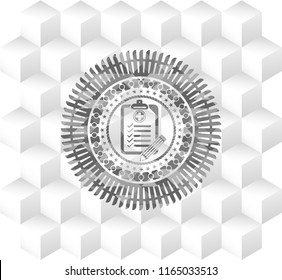 clinic history icon inside grey emblem. Retro with geometric cube white background