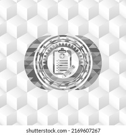 clinic history icon inside grey emblem with cube white background. 
