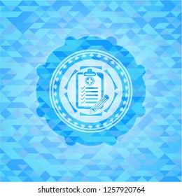 clinic history icon inside light blue mosaic emblem