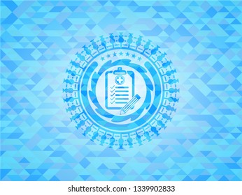 clinic history icon inside light blue emblem with mosaic ecological style background