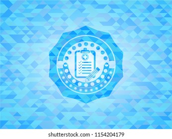 clinic history icon inside realistic sky blue emblem. Mosaic background