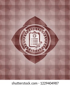 clinic history icon inside red seamless geometric pattern emblem. Seamless.