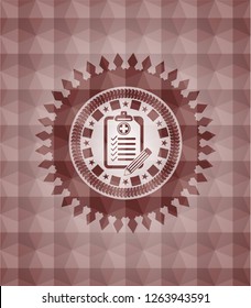 clinic history icon inside red emblem or badge with abstract geometric polygonal pattern background. Seamless.