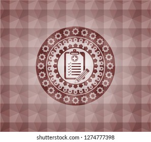 clinic history icon inside red seamless emblem or badge with abstract geometric pattern background.