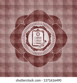 clinic history icon inside red emblem with geometric background. Seamless.
