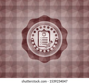 clinic history icon inside red seamless badge with geometric pattern.