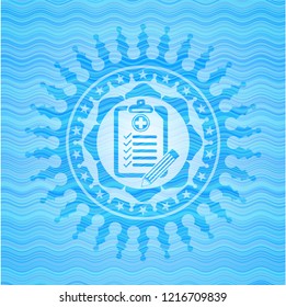 clinic history icon inside sky blue water wave style badge.
