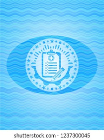 clinic history icon inside water representation badge.