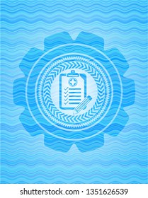 clinic history icon inside water wave style badge.