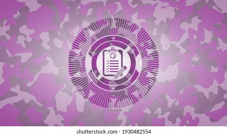 clinic history icon on pink and purple camouflage texture. 