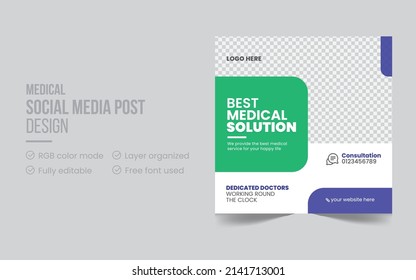 Clinic or hospital digital square flyer. Professional healthcare social media post or promotional web banner design. Editable social media banner template design