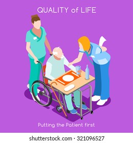 Clinic Hospital End of Life Care. Patient care Medical Hospital Elderly Old Patient & Senior Nurse & Clinician Doctor Specialist. Healthcare 3D Flat wheelchair Isometric People set Vector