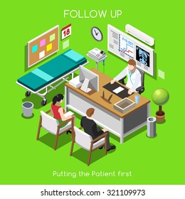 Clinic Hospital Health Visit Infographic Disease Follow Up. Medical Patient Assistance. Family Doctor Staff Patient 3D Flat Isometric People Clinic Interview Hospital Room Medicine Vector Illustration