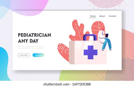 Clinic, Hospital Healthcare Staff At Work Landing Page Template. Doctor Or Nurse Character Clip Board Sit On Huge Box With Medical Tools. Medicine Occupation, Profession. Cartoon Vector Illustration