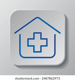 Clinic, hospital simple icon vector. Flat design. Paper cut design. Cutted blue symbol with shadow. Gray badge button, gray background.ai