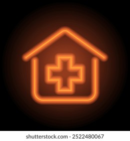 Clinic, hospital simple icon vector. Flat design. Orange neon on black background.ai