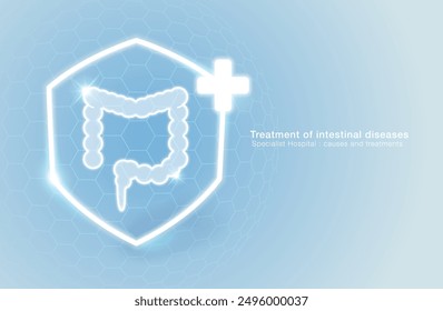 Clínica u hospital especializado en el tratamiento de enfermedades intestinales. Símbolo de servicio médico con escudo y signo más que muestra confiabilidad. Plantilla del archivo de Ilustración vectorial.