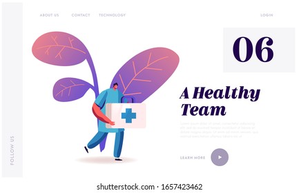 Clinic, Hospital Staff at Work, Medicine Website Landing Page. Doctor or Nurse in Robe with Medical Tool Box with Cross Run to Help Diseased Patient Web Page Banner. Cartoon Flat Vector Illustration