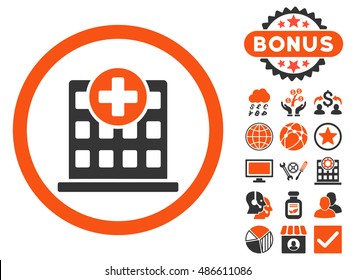 Clinic icon with bonus design elements. Vector illustration style is flat iconic bicolor symbols, orange and gray colors, white background.
