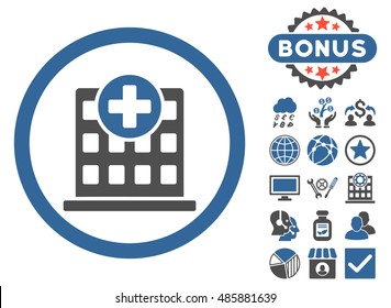 Clinic icon with bonus elements. Vector illustration style is flat iconic bicolor symbols, cobalt and gray colors, white background.