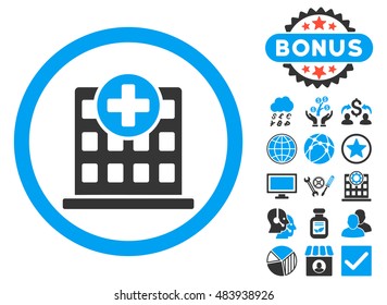 Clinic icon with bonus images. Vector illustration style is flat iconic bicolor symbols, blue and gray colors, white background.