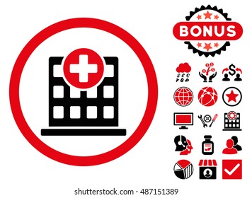Clinic icon with bonus pictogram. Vector illustration style is flat iconic bicolor symbols, intensive red and black colors, white background.